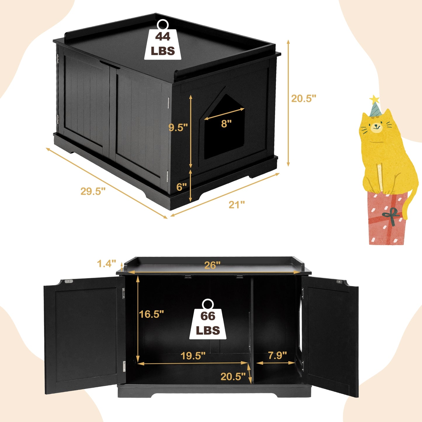 Cat Litter Box Enclosure with Double Doors for Large Cats -Black
