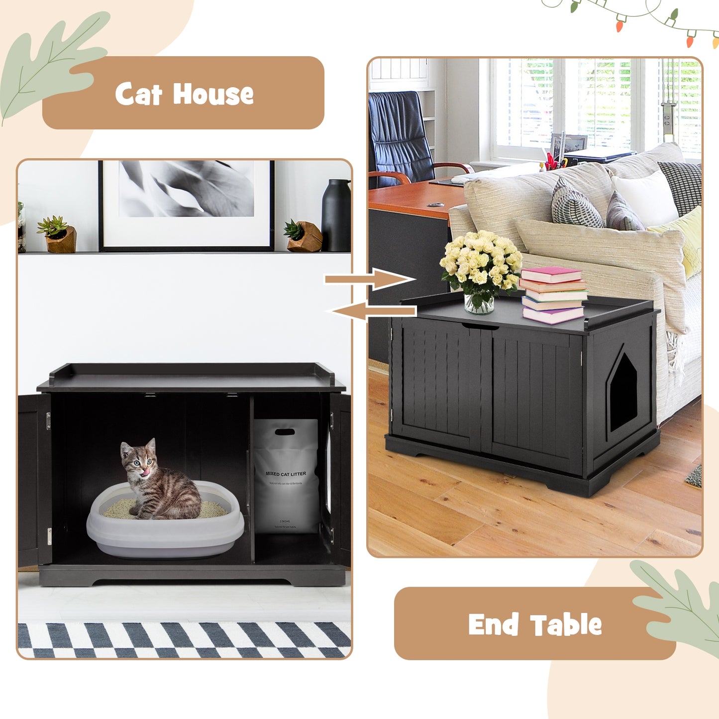 Cat Litter Box Enclosure with Double Doors for Large Cats -Black