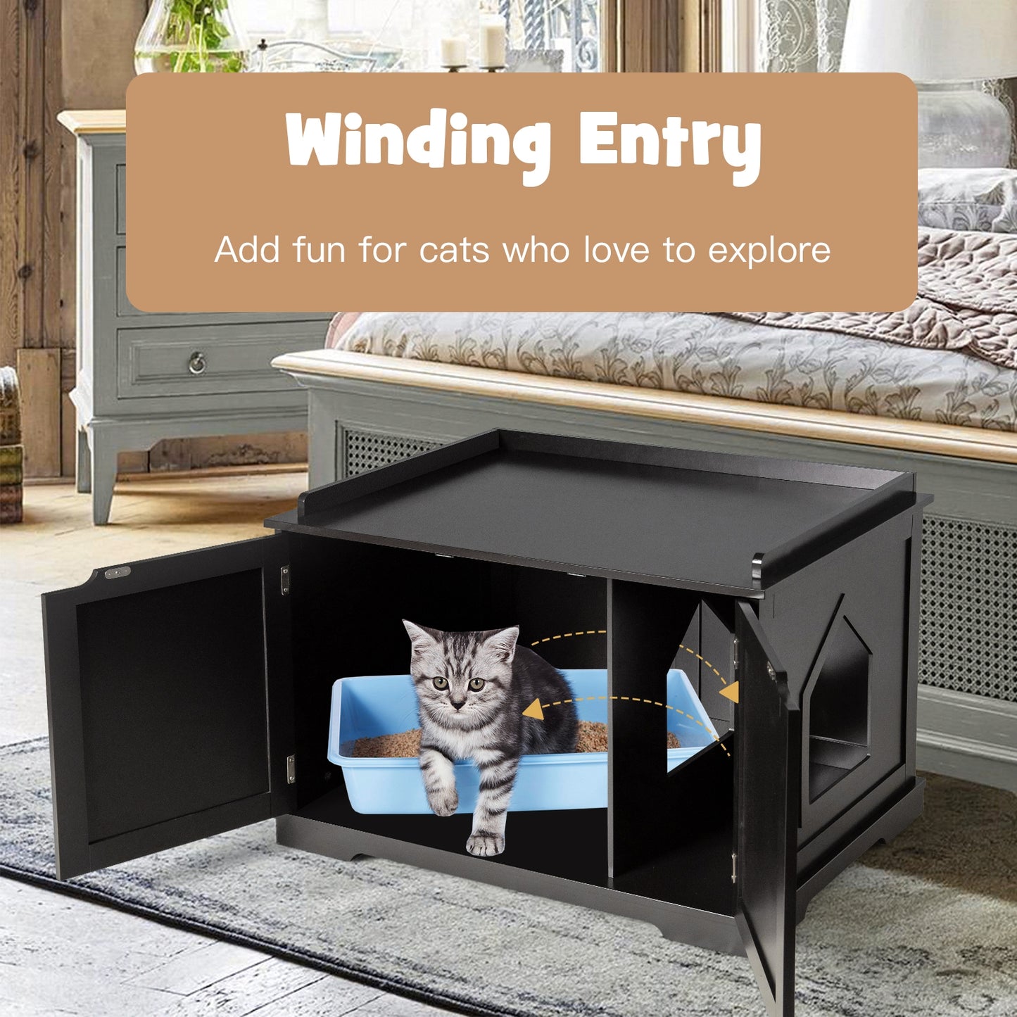 Cat Litter Box Enclosure with Double Doors for Large Cats -Black