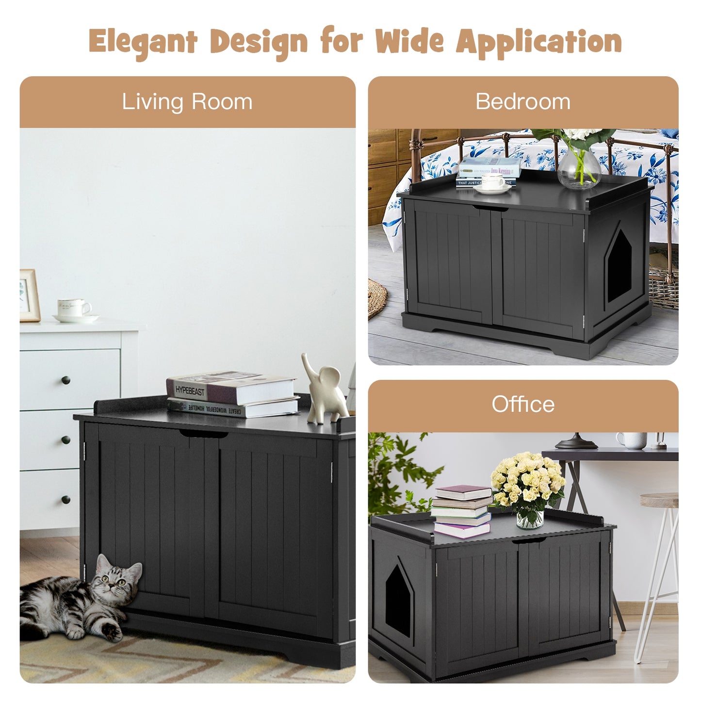 Cat Litter Box Enclosure with Double Doors for Large Cats -Black