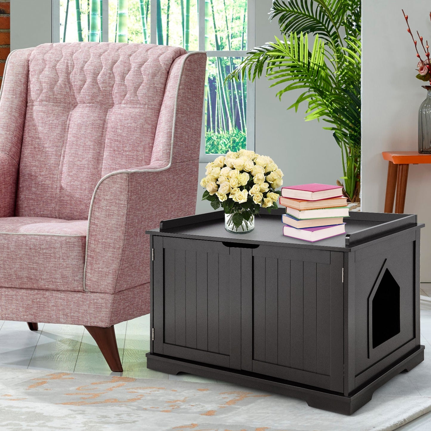 Cat Litter Box Enclosure with Double Doors for Large Cats -Black