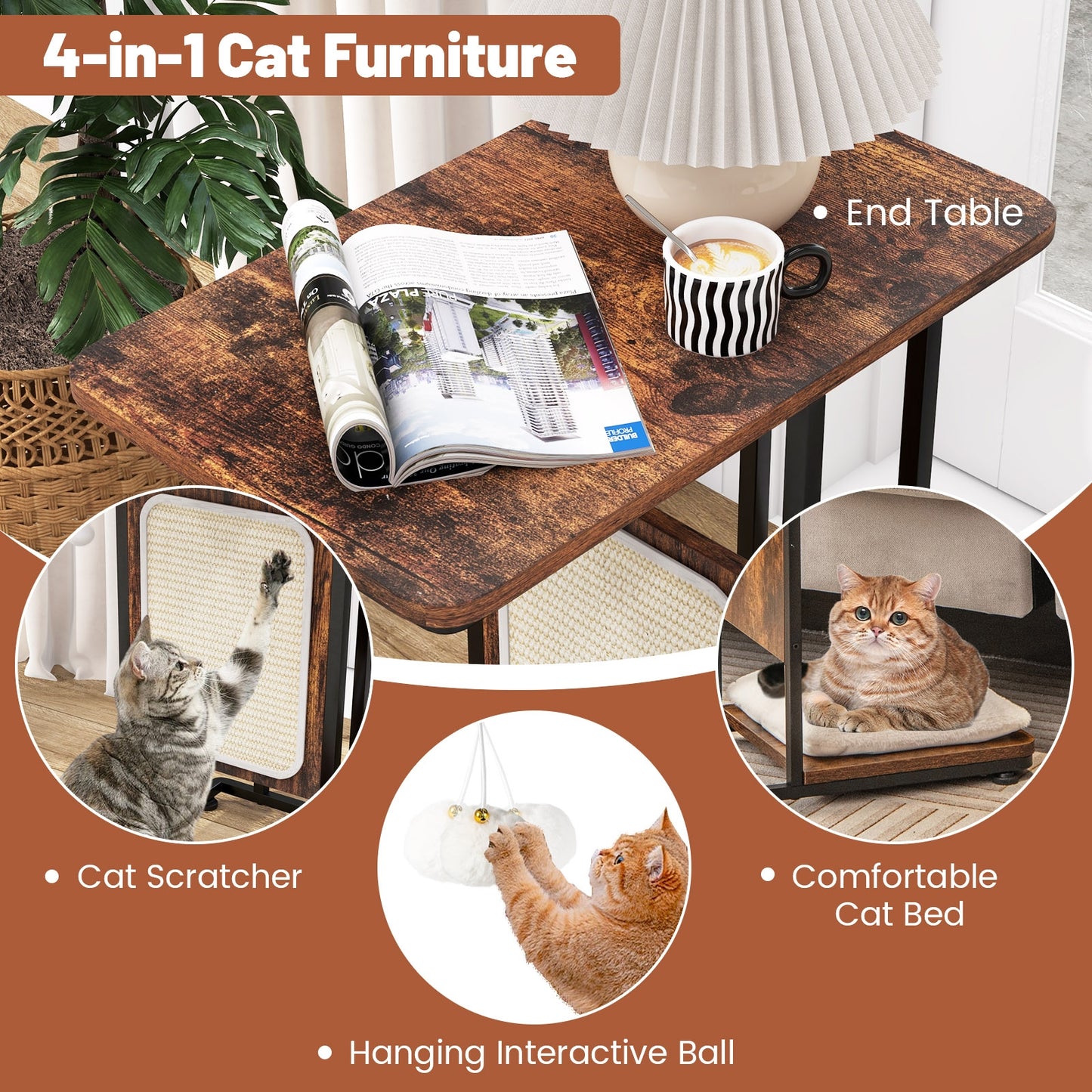 C-Shaped Side Table with Scratching Board and Cat Bed