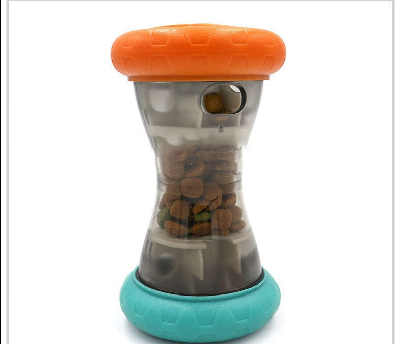 Orange and Teal dispenser with treats inside