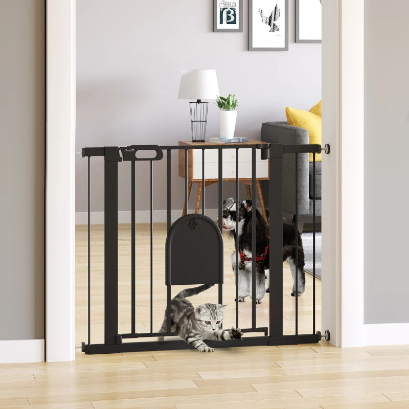 PawHut 30"-41" Extra Wide Pet Gate Barrier with Cat Door and Auto Close