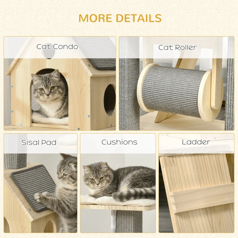 Wooden Cat Tree Activity Centre With Natural Sisal Scratching Posts