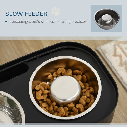 4 Level Elevated Stainless Steel Dual Pet Bowls with Slow Feeder