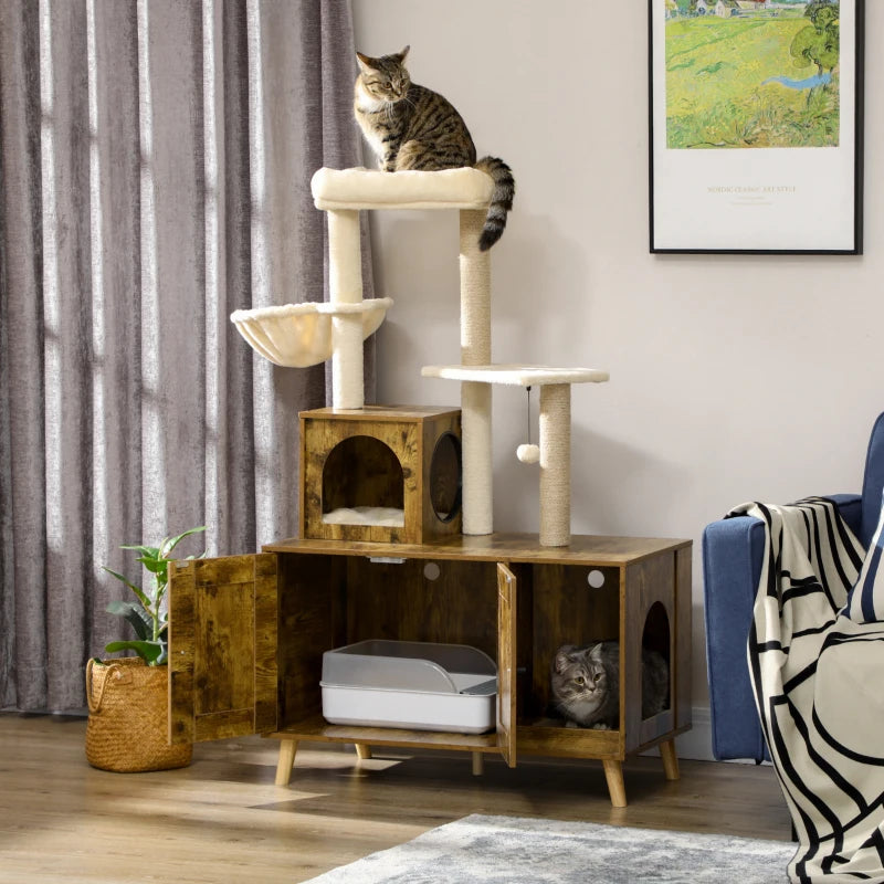 Litter Box Enclosure with Cat Tree Tower in Rustic Brown
