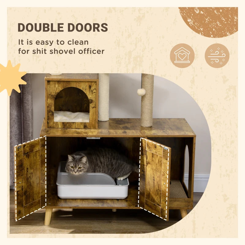 Litter Box Enclosure with Cat Tree Tower in Rustic Brown