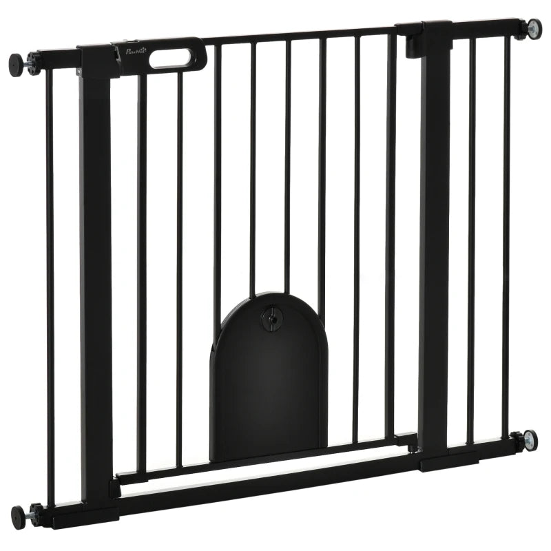 PawHut 30"-41" Extra Wide Pet Gate Barrier with Cat Door and Auto Close