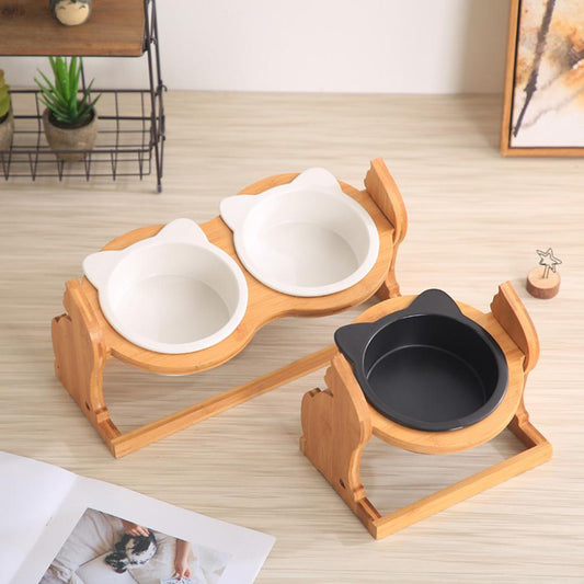 Ceramic Cat Bowls on Cat Shaped Elevated Wooden Stand