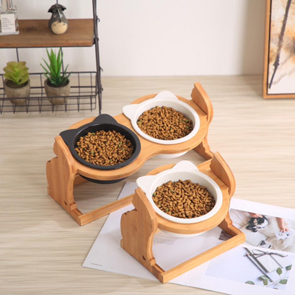 Ceramic Cat Bowls on Cat Shaped Elevated Wooden Stand