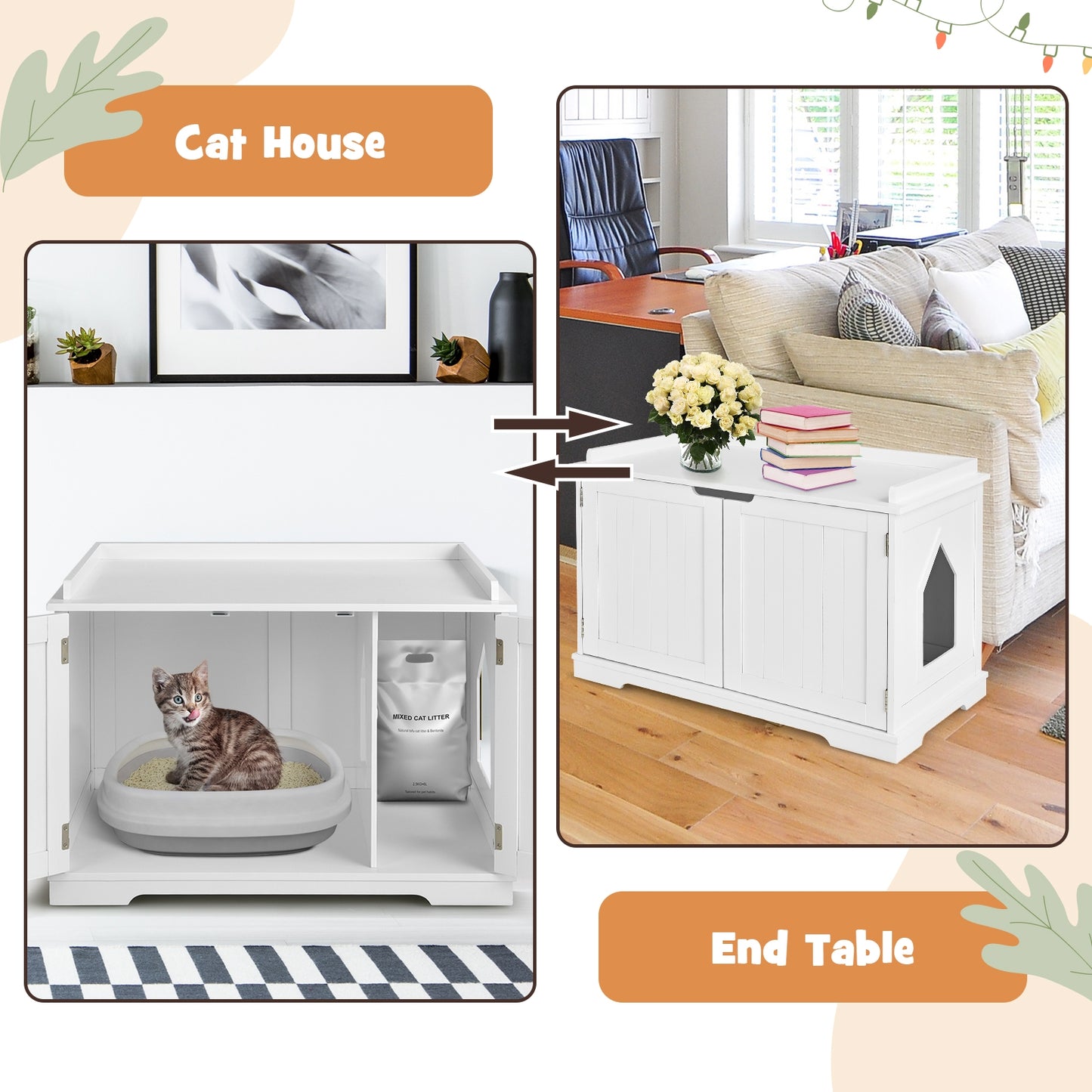 Cat Litter Box Enclosure with Double Doors for Large Cat and Kitty-White