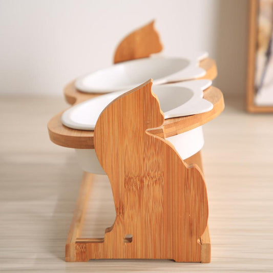 Ceramic Cat Bowls on Cat Shaped Elevated Wooden Stand