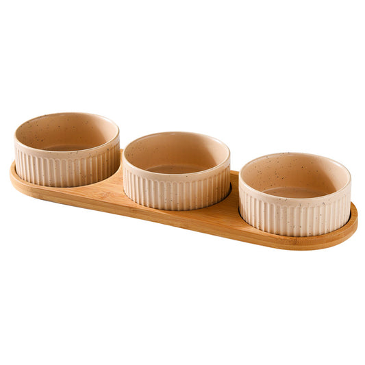 Single, Double or Triple Ceramic Pet Bowls on Wood Base - InspirationIncluded