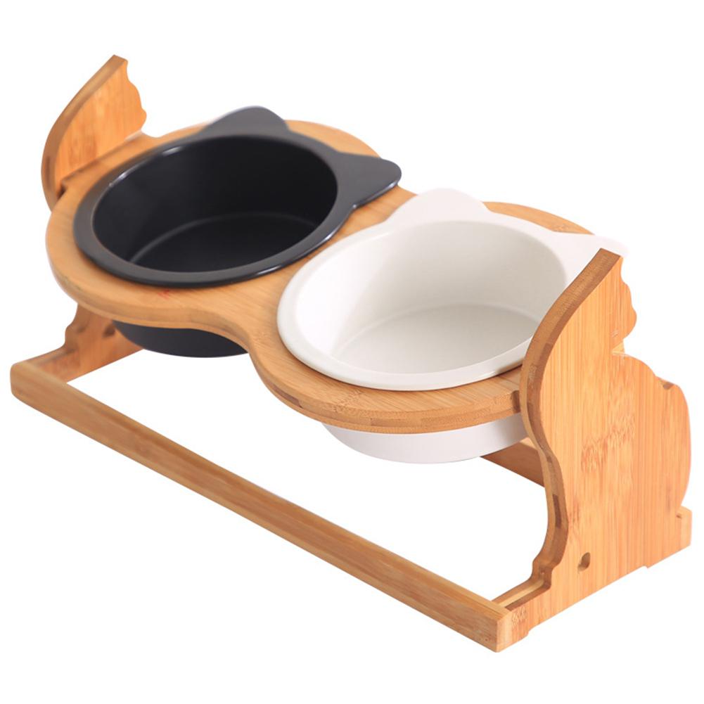 Ceramic Cat Bowls on Cat Shaped Elevated Wooden Stand