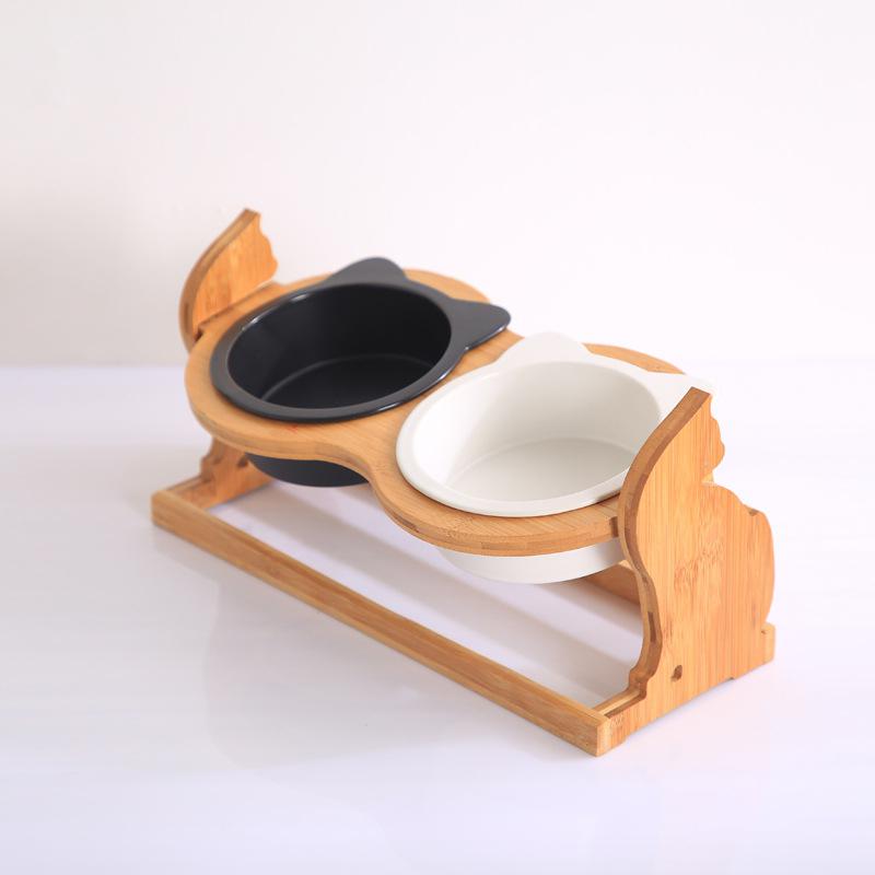 Ceramic Cat Bowls on Cat Shaped Elevated Wooden Stand