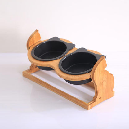 Ceramic Cat Bowls on Cat Shaped Elevated Wooden Stand