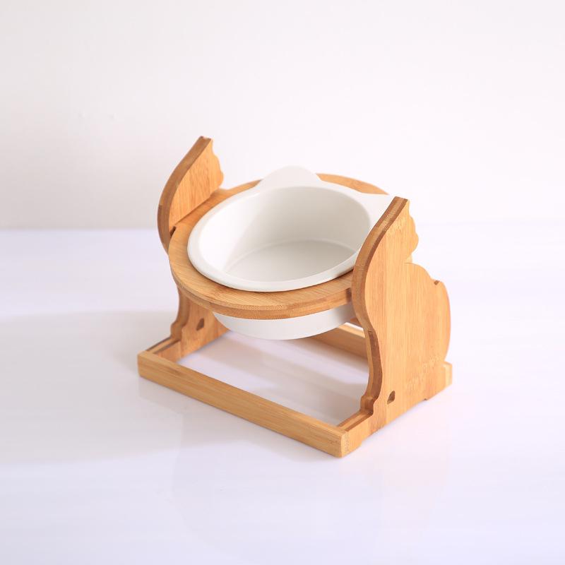 Ceramic Cat Bowls on Cat Shaped Elevated Wooden Stand