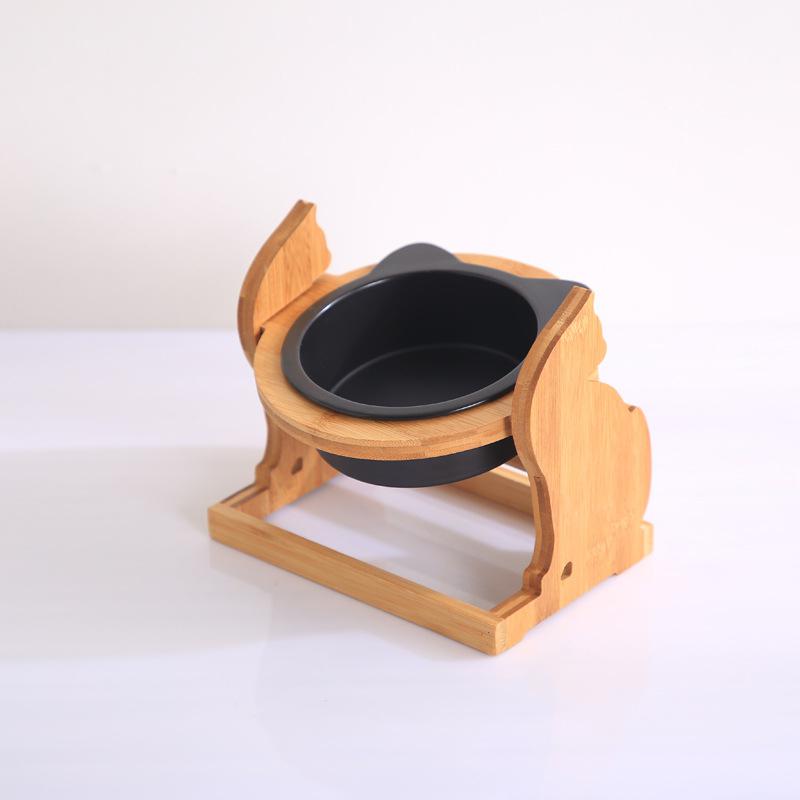 Ceramic Cat Bowls on Cat Shaped Elevated Wooden Stand