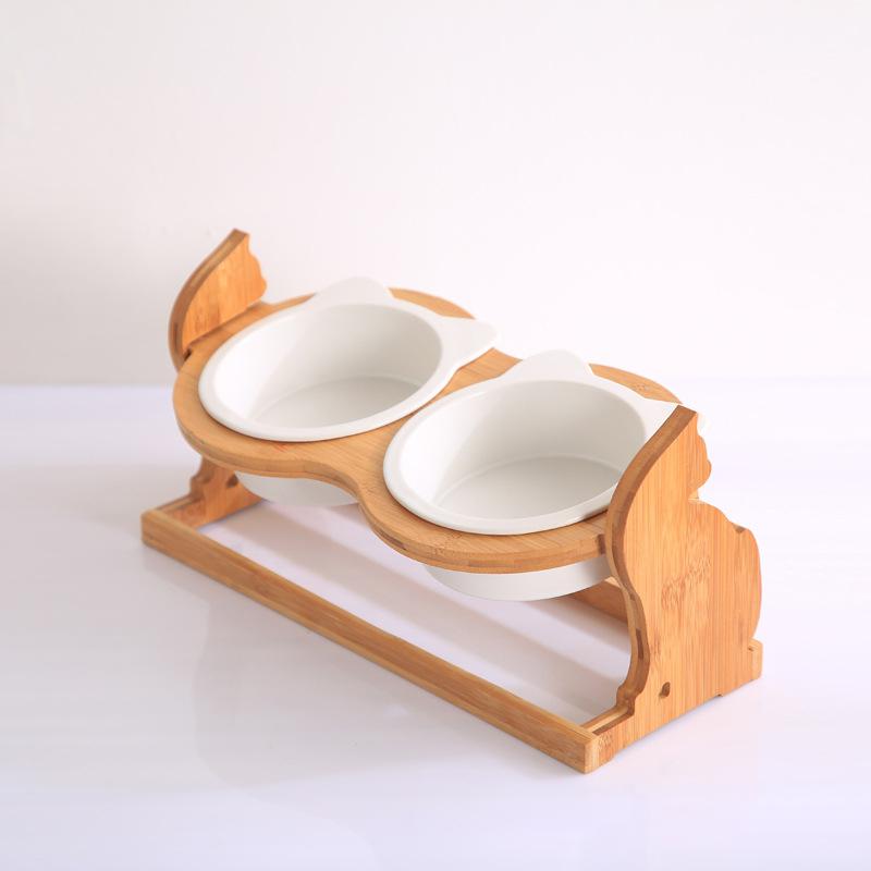 Ceramic Cat Bowls on Cat Shaped Elevated Wooden Stand