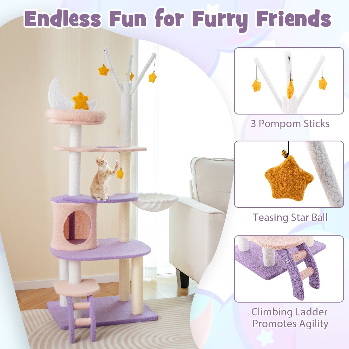 Stars and Moon - Cat Tower - Teddy Fleece