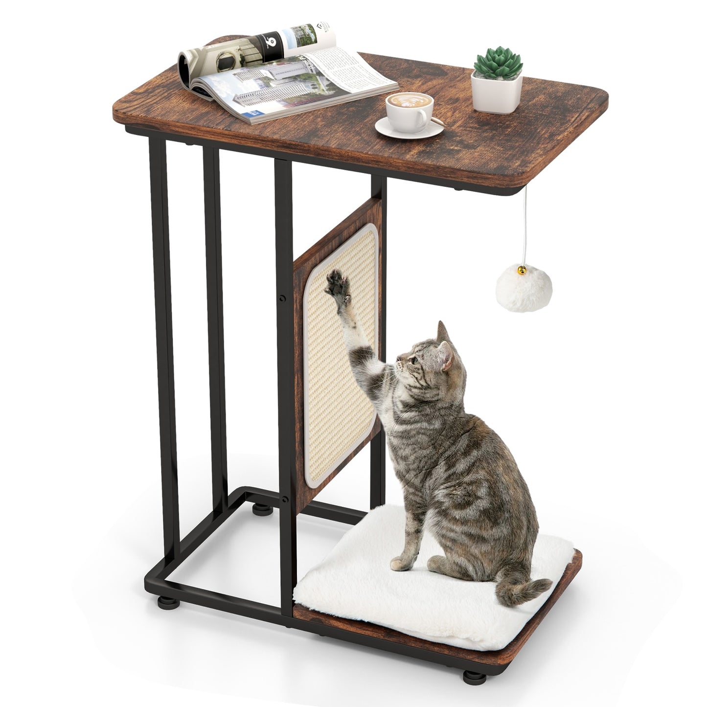 C-Shaped Side Table with Scratching Board and Cat Bed